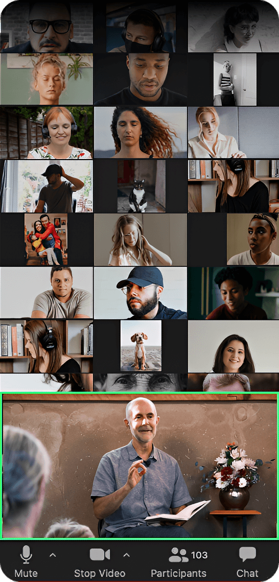 mobile screen mockup with a collage of Henry Shukman event photos